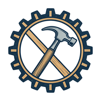 Hammer and crossed wood tools in gear emblem isolated on transparent background png