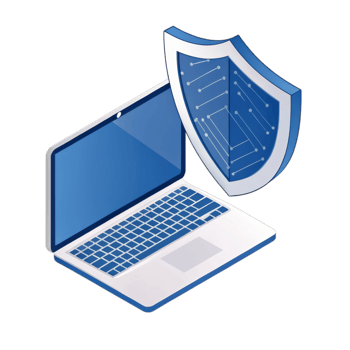 Laptop computer protected by digital shield isolated on transparent background png