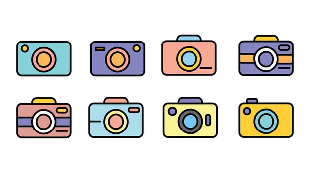 Stylish and colorful camera icons in a modern flat style. Perfect for photography apps, UIUX design, social media tools, and creative digital projects. vector