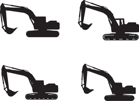 Four Black Silhouette Excavators on White Background vector
