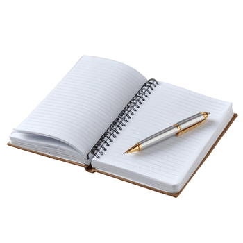 Open notebook with lined pages and a silver pen resting inside png