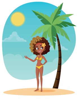 Cartoon Girl in Bikini Standing on Tropical Beach with Palm Tree vector