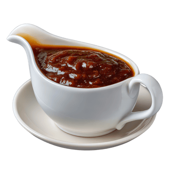 Rich and Delicious Brown Gravy in Elegant White Sauce Boat png