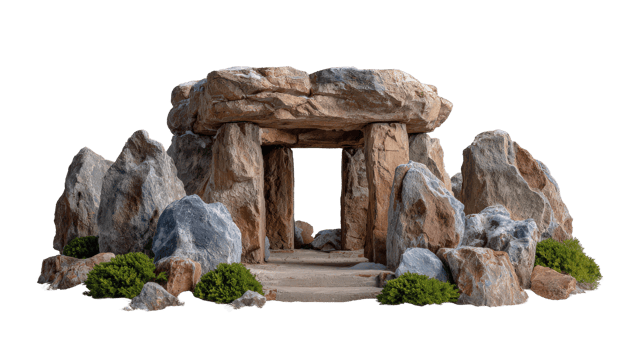 Ancient Stone Structure Surrounded by Large Rocks and Greenery png