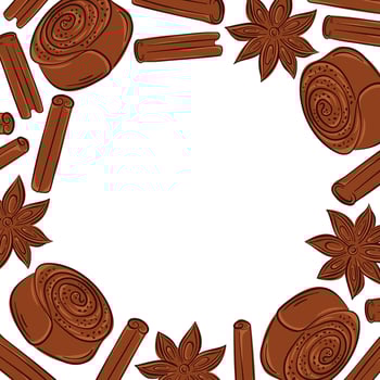 Flat style cinnamon sticks, bun and star anise border frame isolated on white background. Spice illustration for recipe book, cafe packaging and autumn seasonal decorative culinary theme design. vector