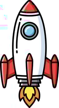 Cartoon rocket ship blasting off with vibrant flames for children's illustration or logo design vector