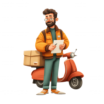 Delivery person character stands next to scooter, holding clipboard and wearing casual outfit. This illustration captures essence of logistics and modern delivery services png