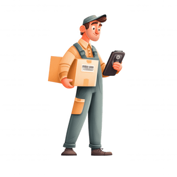 Delivery worker holding parcel and scanner, showcasing friendly expression while checking information on smartphone. This illustration captures essence of logistics and parcel delivery png