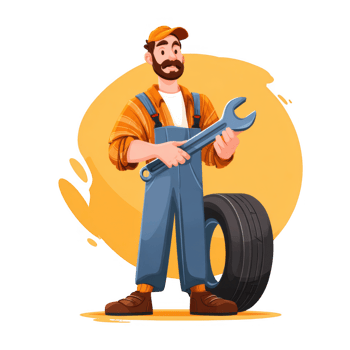Mechanic holding wrench stands confidently next to tire, showcasing his repair skills. His orange shirt and cap add vibrant touch to scene, reflecting professional yet approachable demeanor png