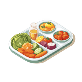 Colorful meal presentation featuring variety of fresh vegetables and fruits arranged in tray. tray includes lettuce, carrots, oranges, tomatoes, and drink, promoting healthy eating png