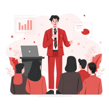 Confident public speaker delivers presentation on stage, engaging audience with visual aids and charts. scene captures essence of effective communication and professional development png