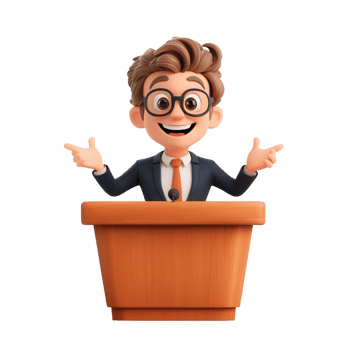 Political 3d icon character speaking confidently at podium, gesturing emphatically professional demeanor against transparent backdrop png