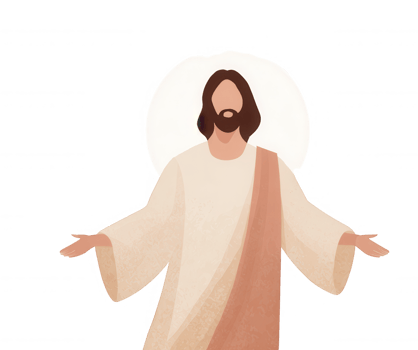 Jesus Christ figure wearing traditional robe, reaching forward with open palm transparent background, digital artistic png