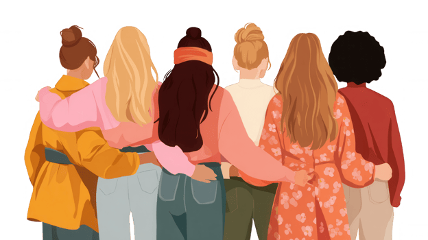 and women standing arm in arm, symbolizing friendship and unity. The transparent background highlights their connection Six diversity png