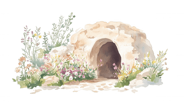Weathered stone backdrop mouth emerging through verdant cave watercolor rendering with transparent foliage, png