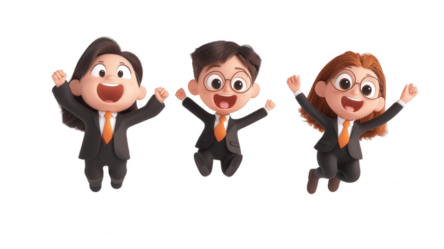 Cartoon 3d icon businesspeople with suits in enthusiastically, celebrating corporate achievement jumping raised arms on transparent background png