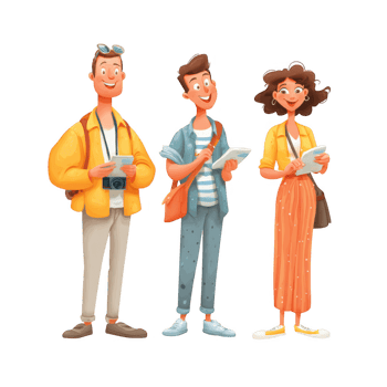 Travelers enjoying guided tour, holding devices and taking notes, showcasing excitement and curiosity. Their vibrant outfits reflect fun and adventurous spirit png