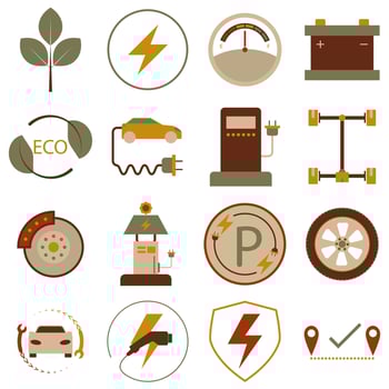 Electric car and eco energy icons set, flat style vector