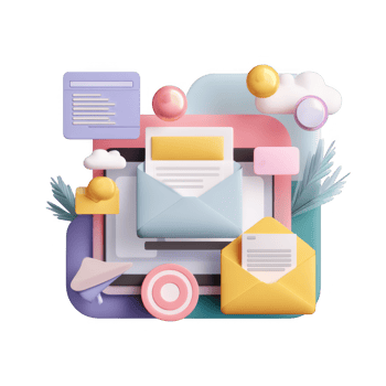 Digital marketing concept featuring colorful envelopes, clouds, and various elements representing email communication. This vibrant illustration captures essence of modern email marketing png
