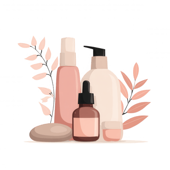 Minimal cosmetic product packaging featuring skincare items, including bottles and jars, surrounded by leaves. This design evokes sense of calm and natural beauty png