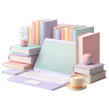 Colorful online learning setup featuring laptop surrounded by neatly stacked books and decorative items, creating cozy and inviting study atmosphere png