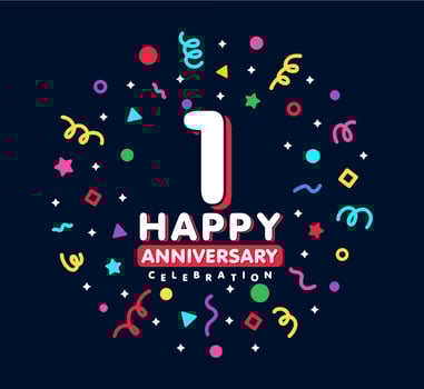 1year anniversary celebration emblem. Happy anniversary logo isolated with colorful confetti and line doodle and stars on black background vector