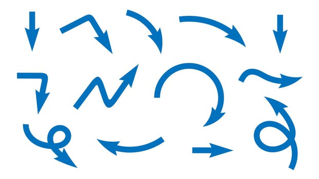 Air flow. Set of blue arrows showing direction of air movement. Wind direction arrows. Blue cold fresh stream. vector