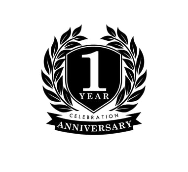 1year anniversary celebration black logo isolated with laurel wreath and ribbon and frame vector