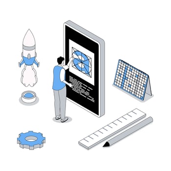 Designer studio 3d isometric concept with isometry people design for web. Illustrator working with typeface at mobile screen, creating visual project and releasing new product. illustration vector