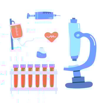 Medical science tools microscope, test tubes, syringe, heart, infusion bag, beaker icons vector