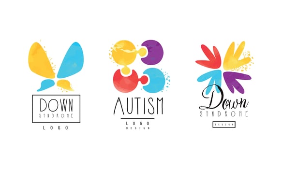 Autism and Down Syndrome Bright Logo Templates Set, Awareness Concept, Kids Center, Charitable Organization Emblems Illustration vector