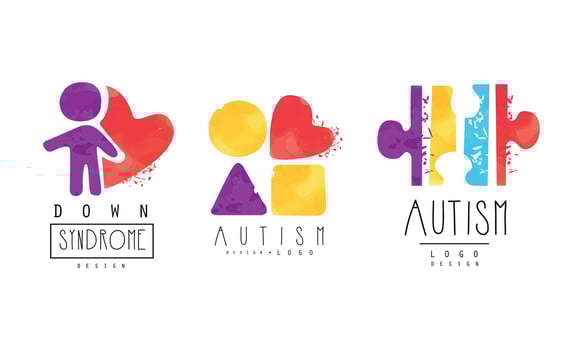 Autism and Down Syndrome Bright Logo Design Templates Set, Awareness Concept, Kids Center, Charitable Organization Colorful Emblem Illustration vector