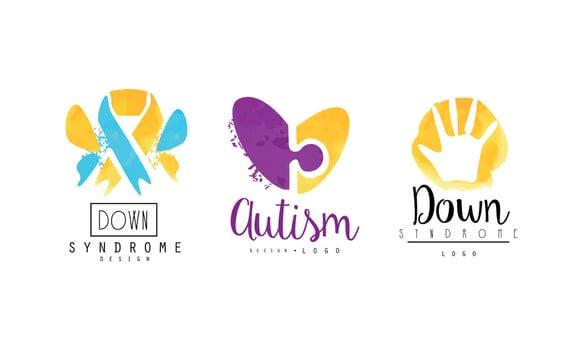 Autism and Down Syndrome Bright Logo Design Set, Awareness Concept, Kids Center, Charitable Organization Emblems Illustration vector