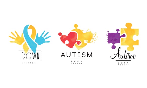 Autism and Down Syndrome Awareness Logo Templates Set, Kids Center, Charitable Organization Bright Colorful Emblems Illustration vector