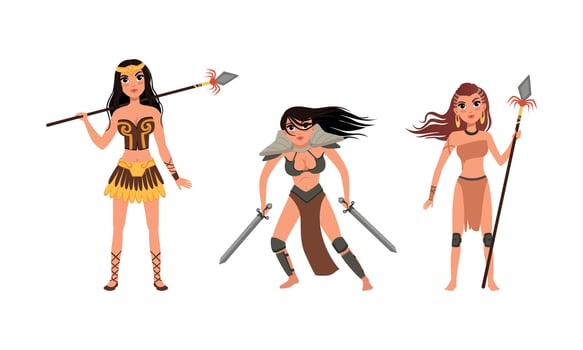 Beautiful Amazon Girls Set, Woman Ancient Warriors Characters Fighting with Spears and Swords Cartoon Illustration vector