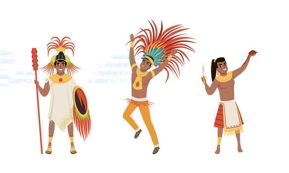 Native American Indians Men in Traditional Clothes Set, Ancient Warriors Characters with Weapon Cartoon Illustration vector