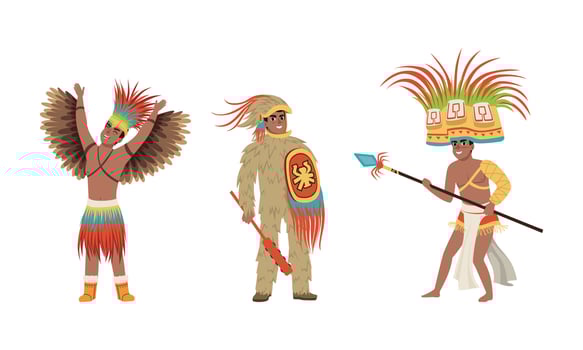 Native American Indians Men in Traditional Clothes Set, Ancient Warriors and Shaman Characters Cartoon Illustration vector
