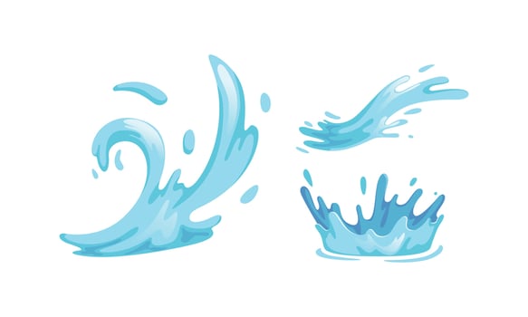 Water Splashes Set, Drops and Crown from Falling, Water Waves Cartoon Illustration vector