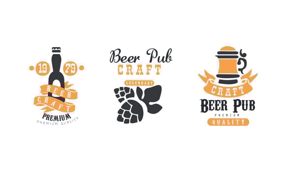 Craft Beer Pub Logo Templates Design Set, Premium Quality Product, Brewing Company, Bar Vintage Labels Illustration vector