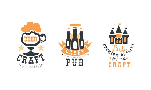 Craft Premium Beer Logo Design Set, Brewing Company, Pub, Bar Vintage Labels Illustration vector