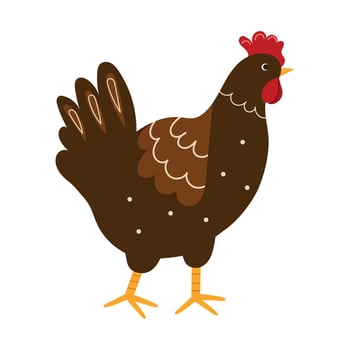 Cute brown hen illustration in flat style. Farm bird character with simple decorative feathers. vector