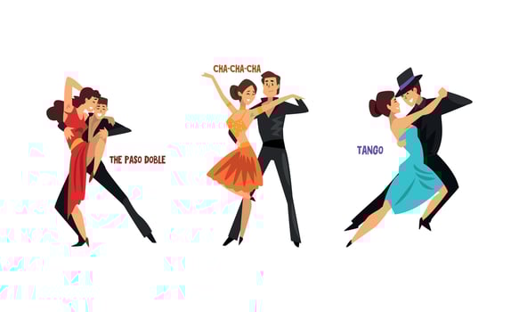 Set of Various Styles of Dancing, Professional Dance Couples Dancing Cha-Cha-Cha, Paso Doble, Tango Cartoon Illustration vector