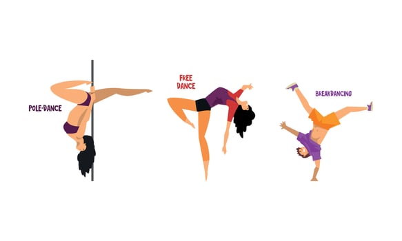 Set of Various Styles of Dancing, People Dancing Pole, Free, Break Dances Cartoon Illustration vector