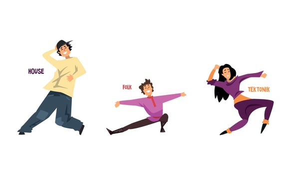 Set of Various Styles of Dancing, Professional Dancers Performing House, Folk, Tektonik Cartoon Illustration vector