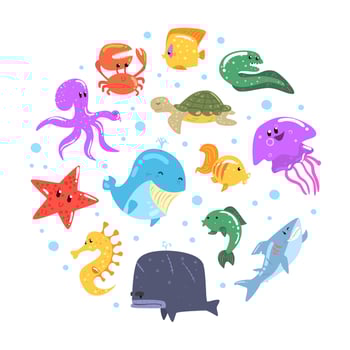 Marine Animals in Circular Shape, Underwater World Banner, Poster, Card, Flyer Design Template Cartoon Illustration vector