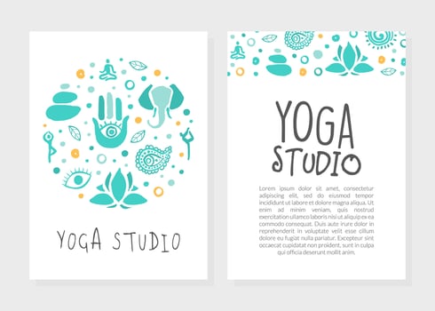 Yoga Studio Business Card with Front and Back Side, Ayurveda, Traditional Medicine, Meditation Class, Spiritual Practice Hand Drawn Illustration vector