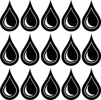 Set of fifteen water droplet icons featuring high-contrast highlights and fluid silhouettes vector