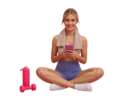 Sporty blonde woman relaxing with a smartphone after workout and isolated transparent background png