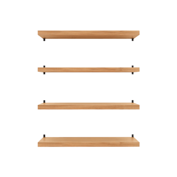 Four floating wooden shelves create a minimal and elegant storage solution on plain backdrop png