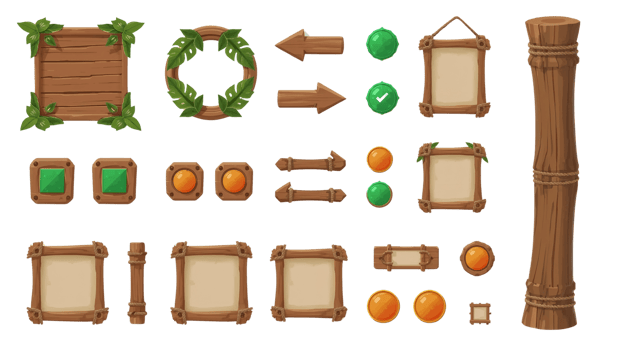 Cartoon wooden user interface elements, for game design, with leaves decorations on an isolated png